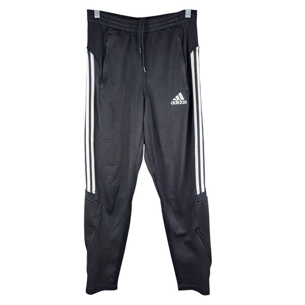 Mens Black Adidas Track Pants 3 White Stripes 100% Polyester Drawstring Size S